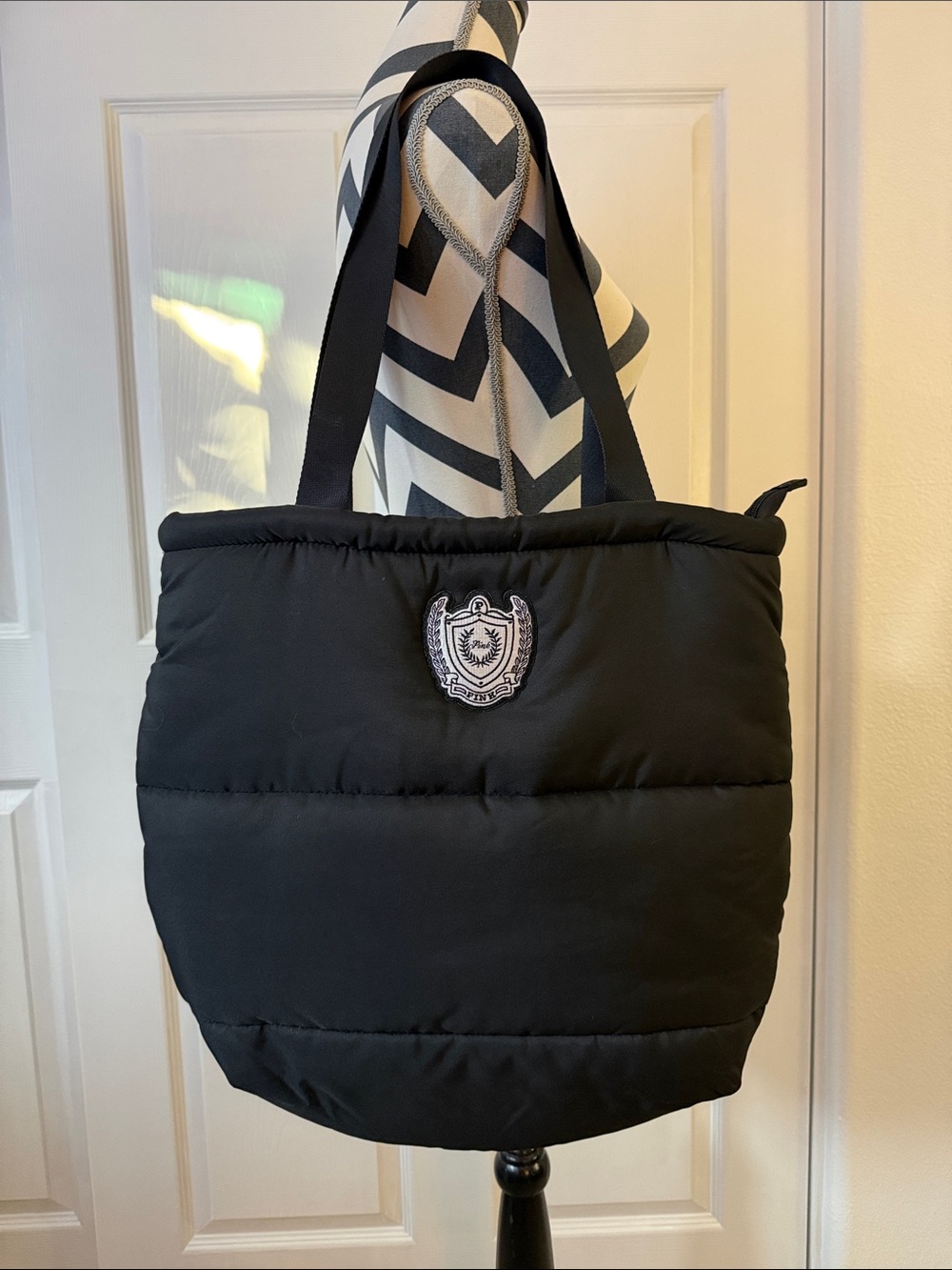 Pink VS Black Quilted Puffer Tote with Crest Detail